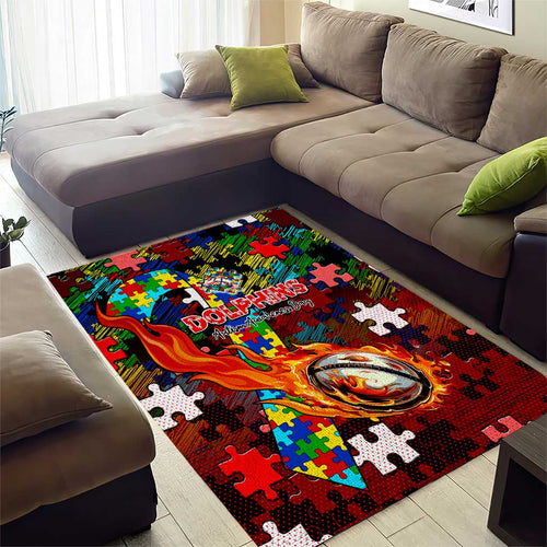 Dolphins Autism Awareness Area Rug Puzzle Flames Rugby Ball