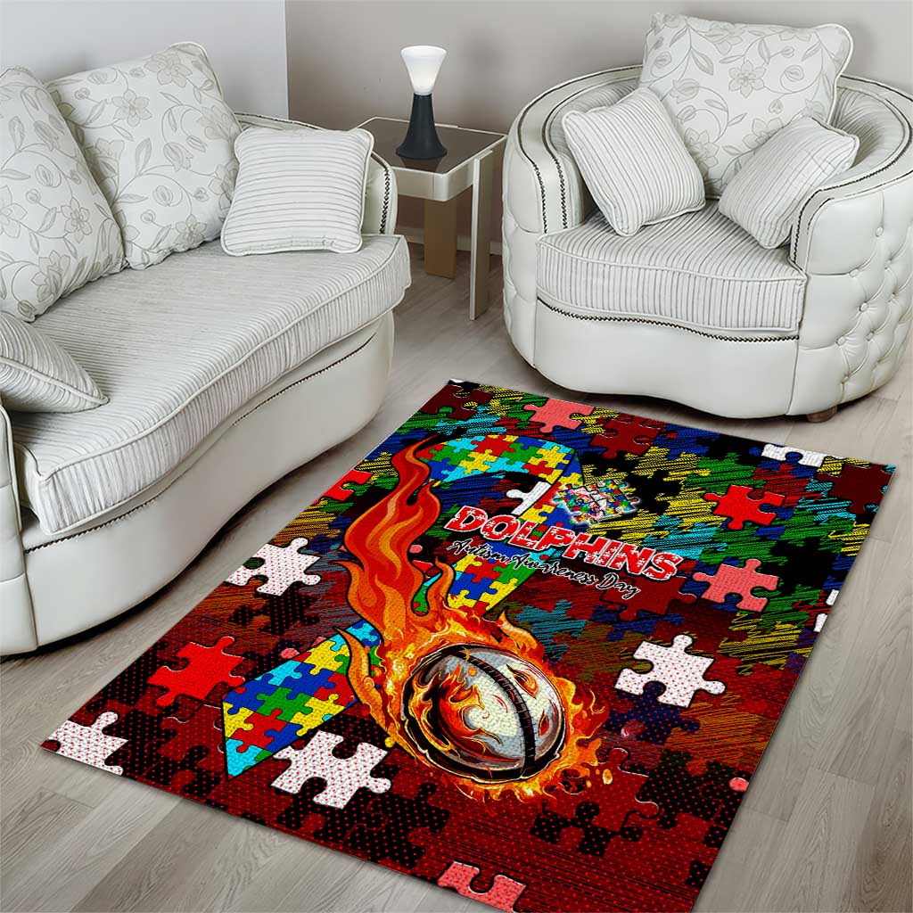 Dolphins Autism Awareness Area Rug Puzzle Flames Rugby Ball