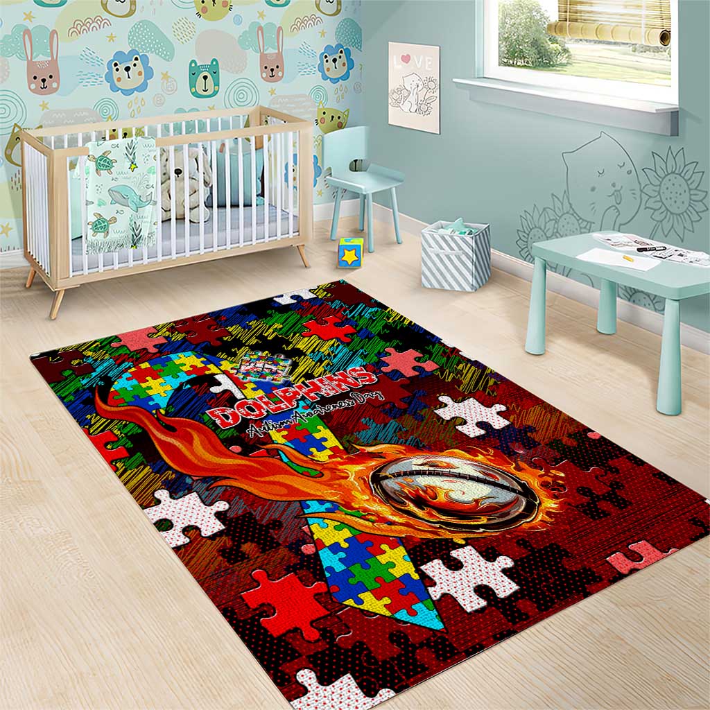 Dolphins Autism Awareness Area Rug Puzzle Flames Rugby Ball