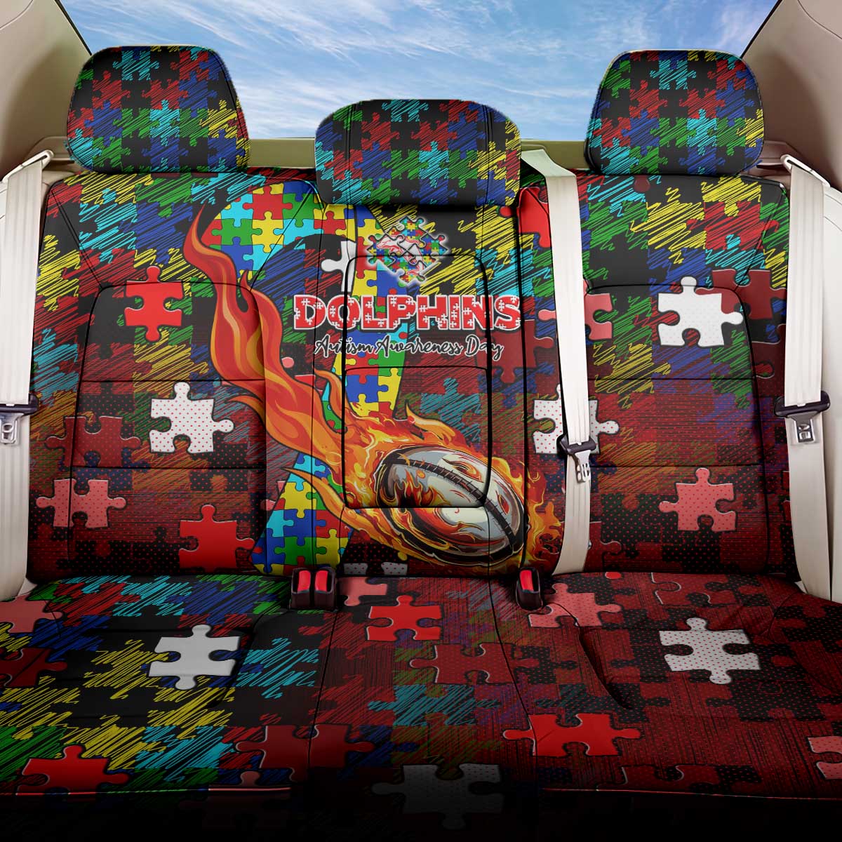 Dolphins Autism Awareness Back Car Seat Cover Puzzle Flames Rugby Ball