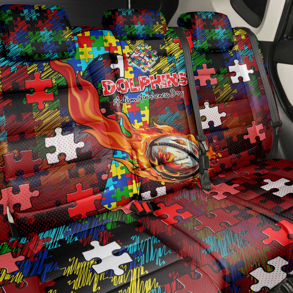 Dolphins Autism Awareness Back Car Seat Cover Puzzle Flames Rugby Ball