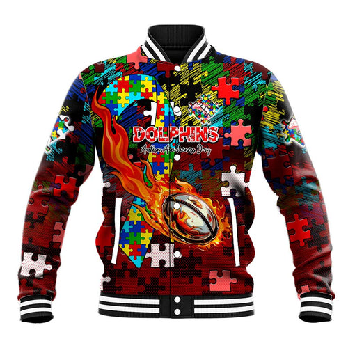 Dolphins Autism Awareness Baseball Jacket Puzzle Flames Rugby Ball