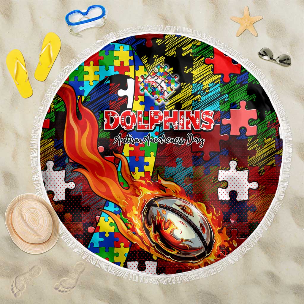 Dolphins Autism Awareness Beach Blanket Puzzle Flames Rugby Ball