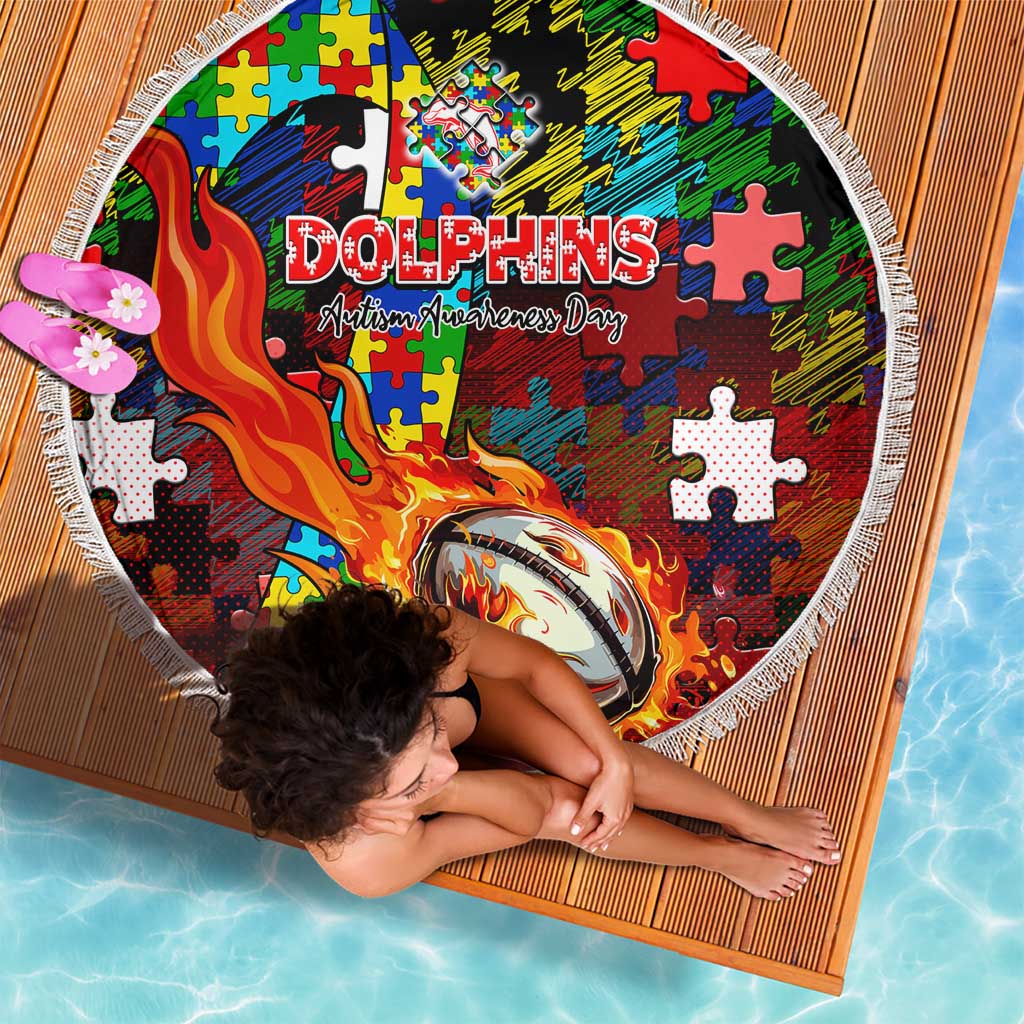 Dolphins Autism Awareness Beach Blanket Puzzle Flames Rugby Ball