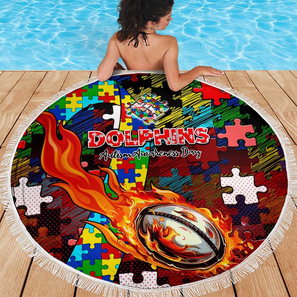 Dolphins Autism Awareness Beach Blanket Puzzle Flames Rugby Ball