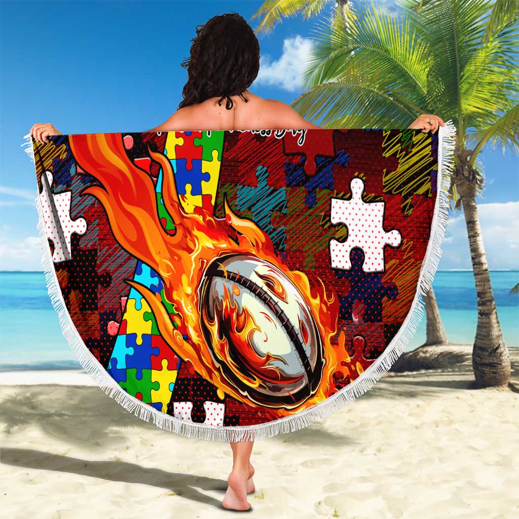 Dolphins Autism Awareness Beach Blanket Puzzle Flames Rugby Ball