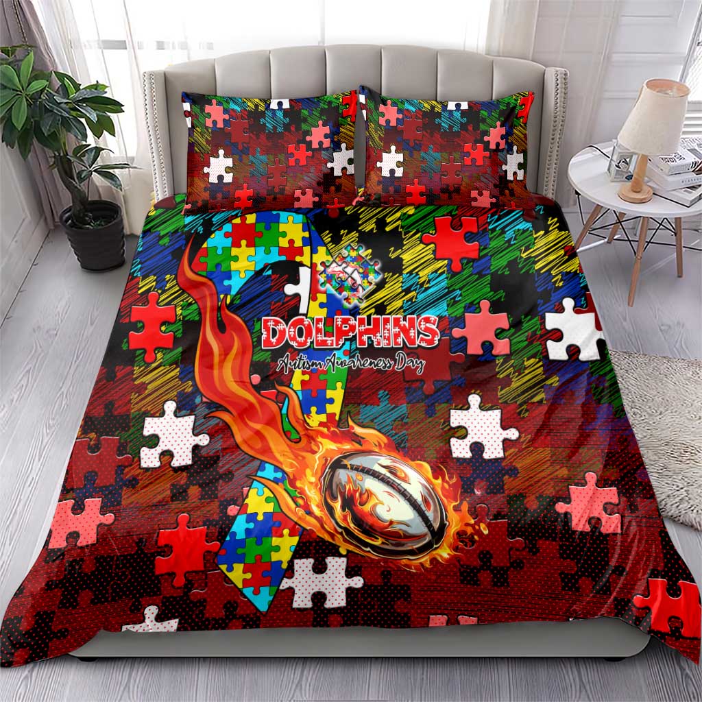 Dolphins Autism Awareness Bedding Set Puzzle Flames Rugby Ball