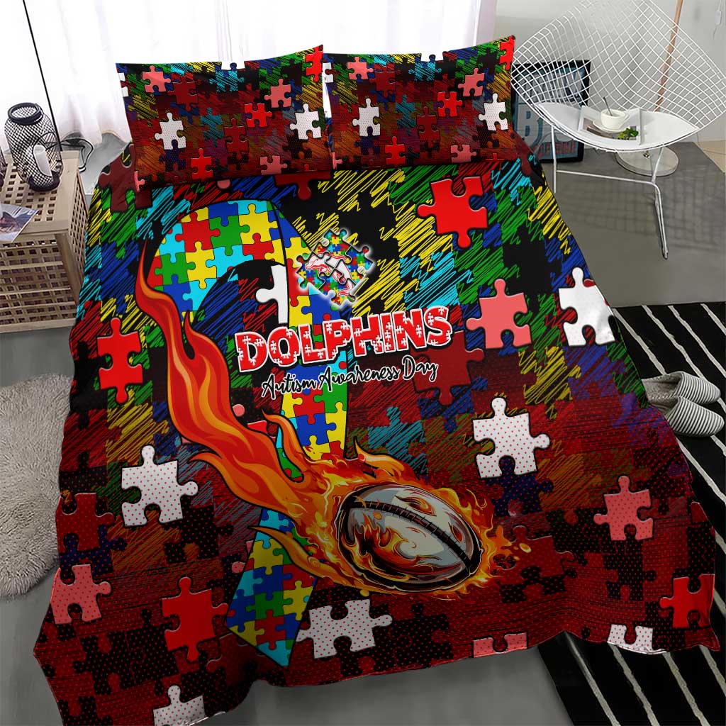 Dolphins Autism Awareness Bedding Set Puzzle Flames Rugby Ball