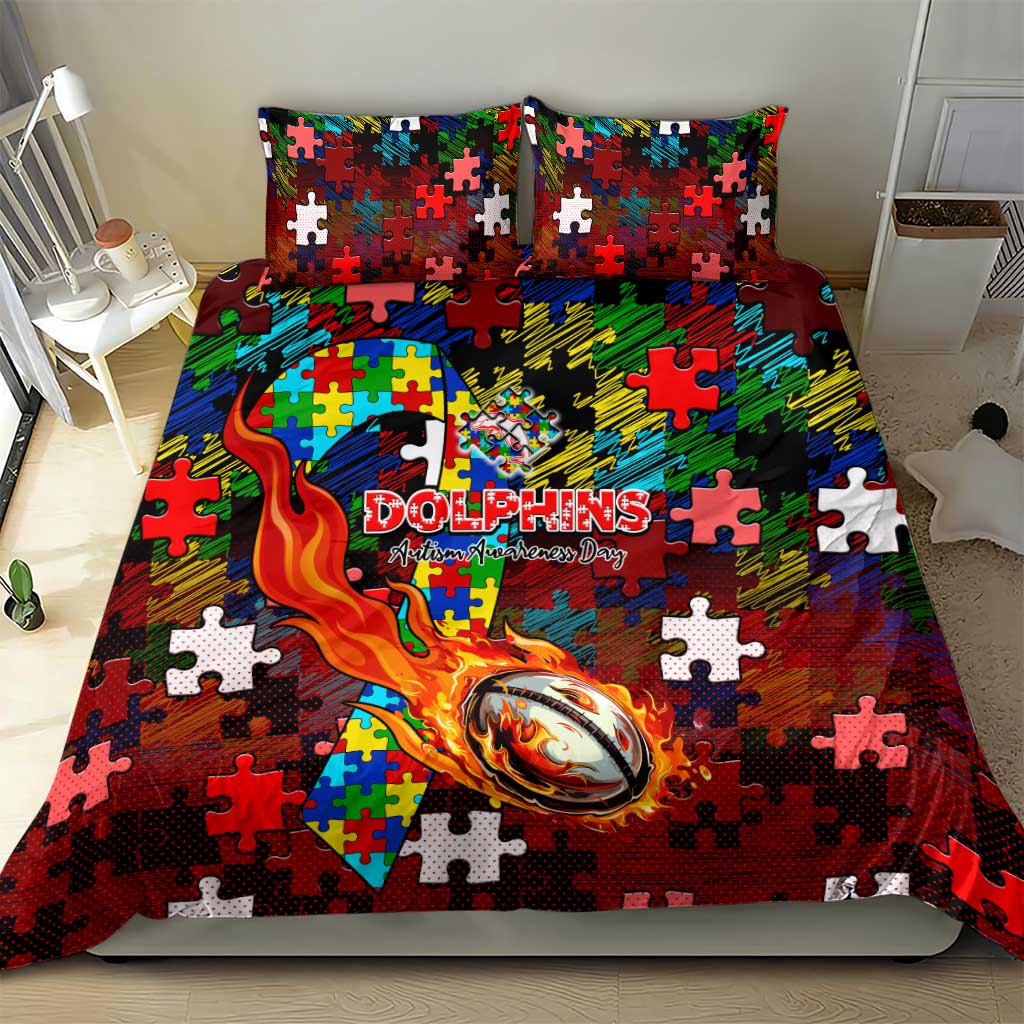 Dolphins Autism Awareness Bedding Set Puzzle Flames Rugby Ball