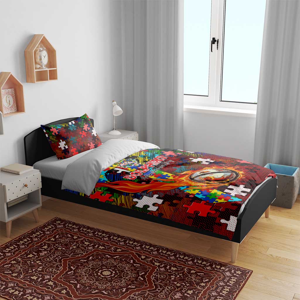 Dolphins Autism Awareness Bedding Set Puzzle Flames Rugby Ball