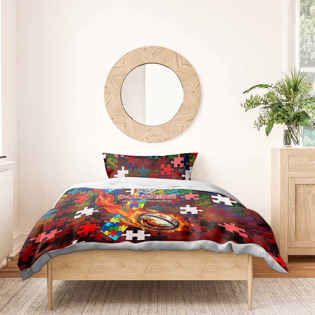 Dolphins Autism Awareness Bedding Set Puzzle Flames Rugby Ball