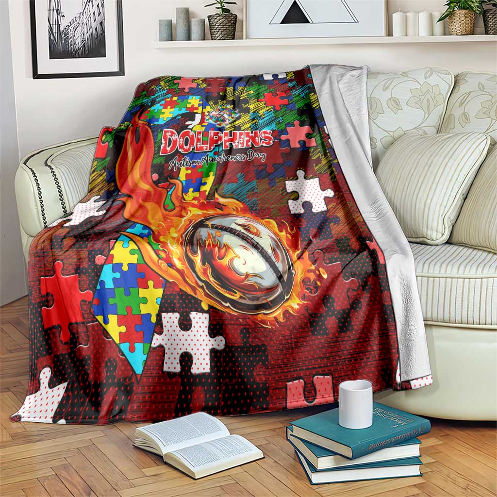 Dolphins Autism Awareness Blanket Puzzle Flames Rugby Ball