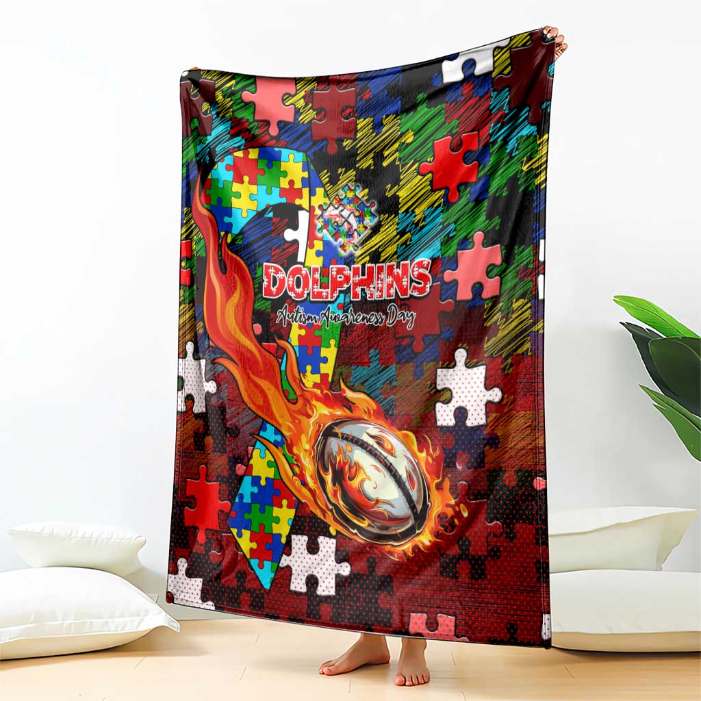 Dolphins Autism Awareness Blanket Puzzle Flames Rugby Ball