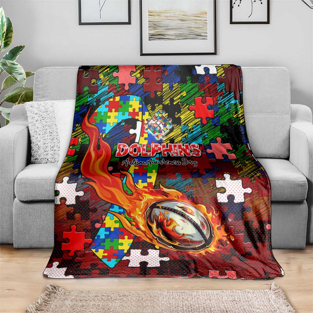 Dolphins Autism Awareness Blanket Puzzle Flames Rugby Ball
