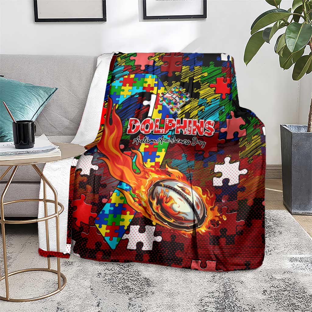 Dolphins Autism Awareness Blanket Puzzle Flames Rugby Ball