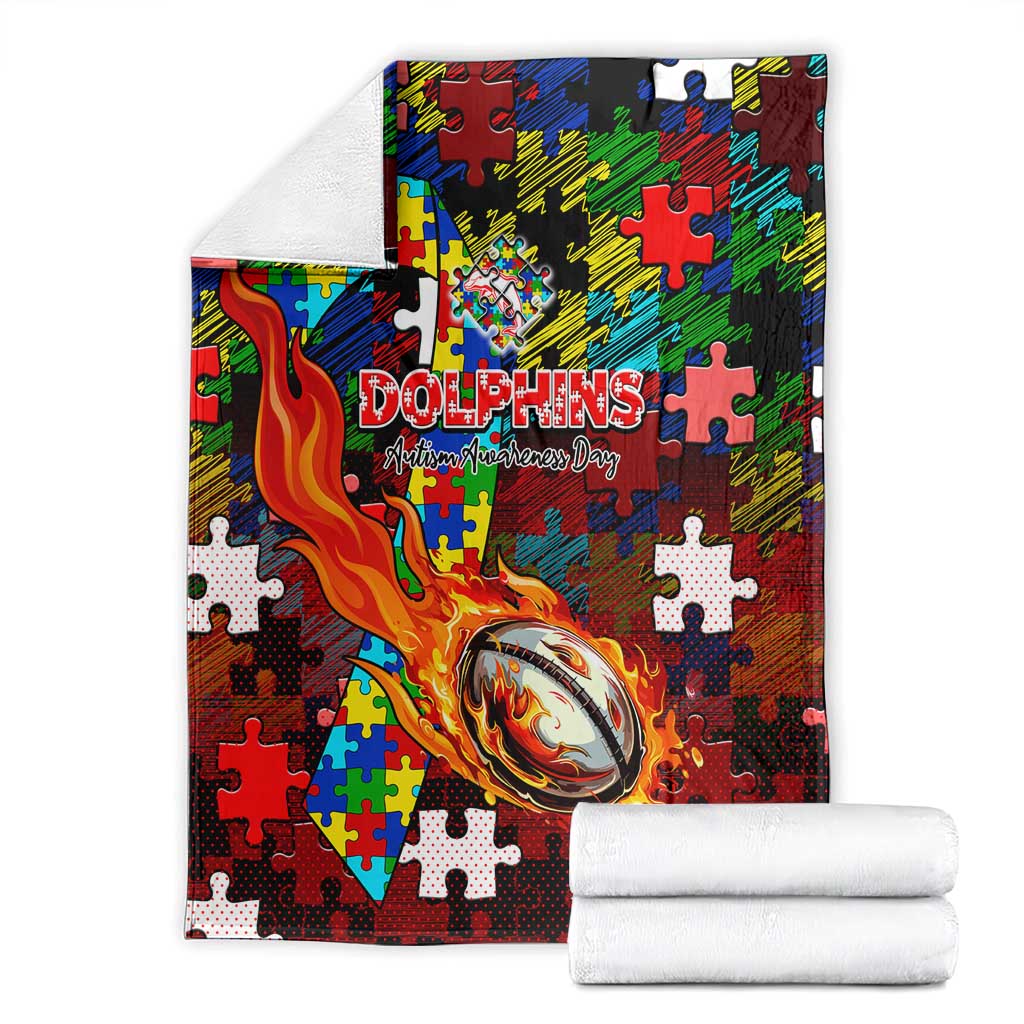 Dolphins Autism Awareness Blanket Puzzle Flames Rugby Ball