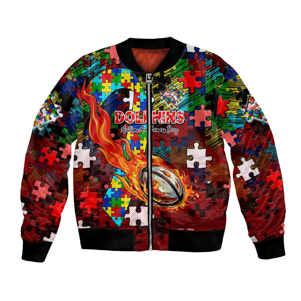 Dolphins Autism Awareness Bomber Jacket Puzzle Flames Rugby Ball
