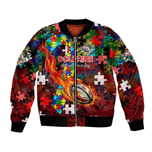 Dolphins Autism Awareness Bomber Jacket Puzzle Flames Rugby Ball