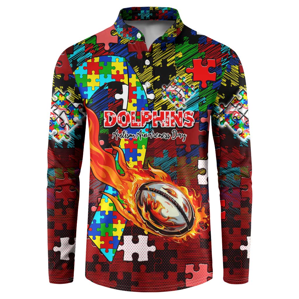 Dolphins Autism Awareness Button Sweatshirt Puzzle Flames Rugby Ball