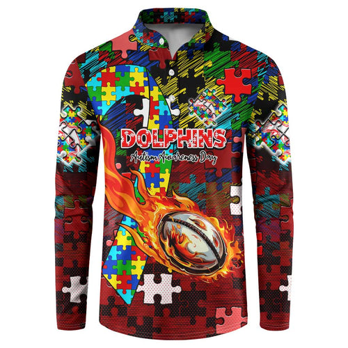 Dolphins Autism Awareness Button Sweatshirt Puzzle Flames Rugby Ball