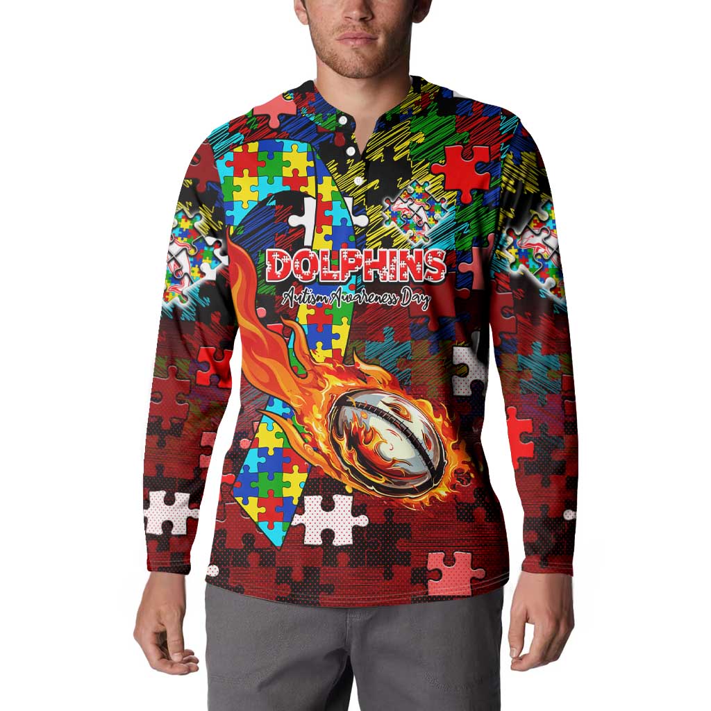 Dolphins Autism Awareness Button Sweatshirt Puzzle Flames Rugby Ball