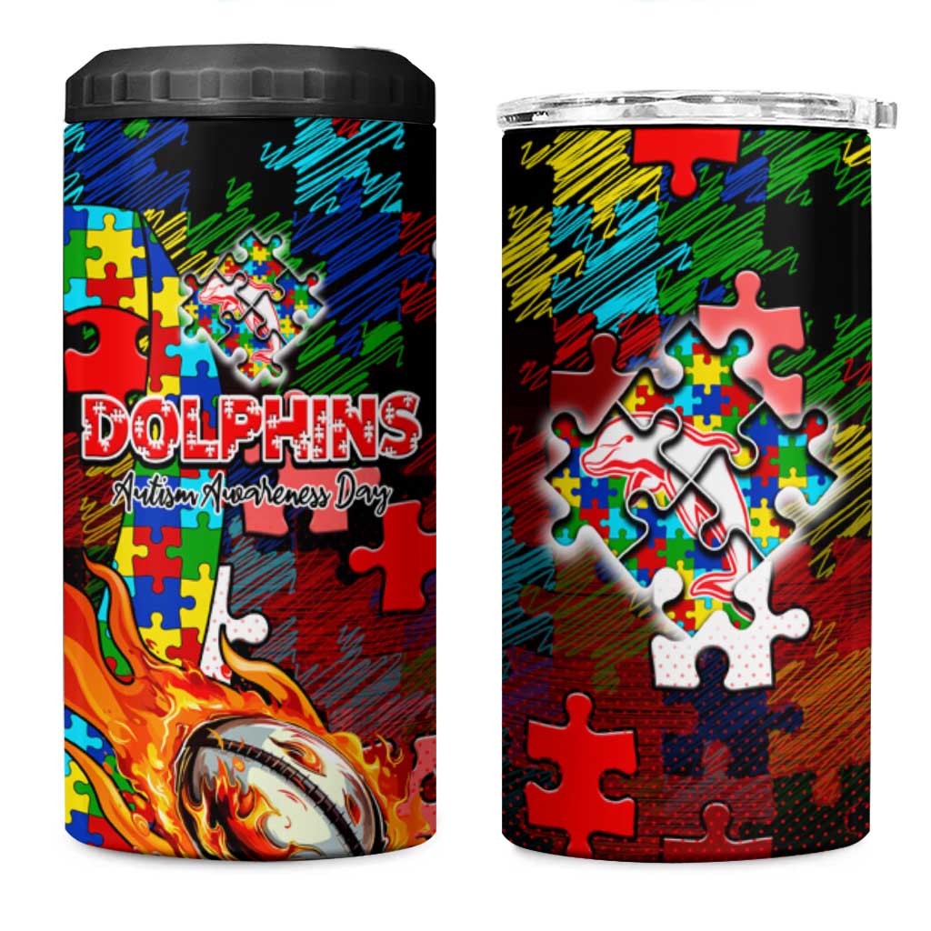 Dolphins Autism Awareness 4 in 1 Can Cooler Tumbler Puzzle Flames Rugby Ball