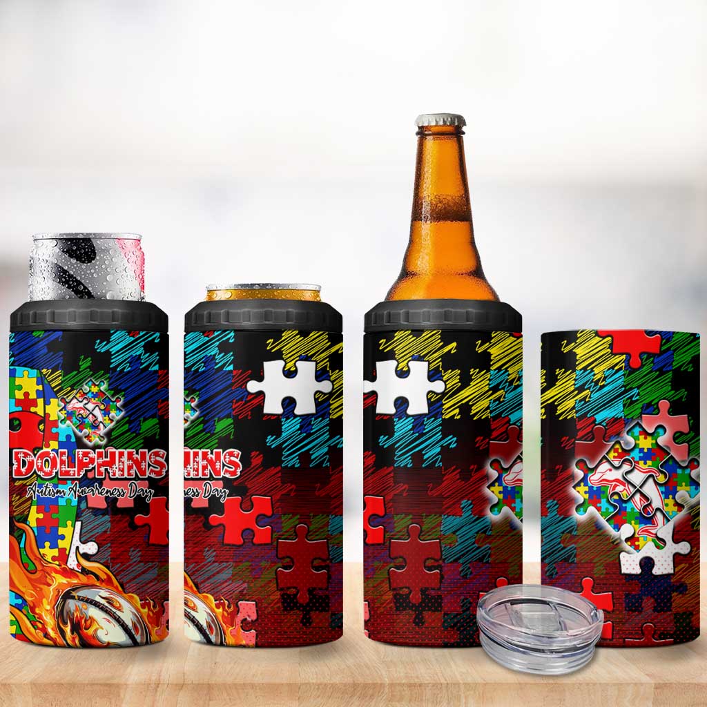 Dolphins Autism Awareness 4 in 1 Can Cooler Tumbler Puzzle Flames Rugby Ball