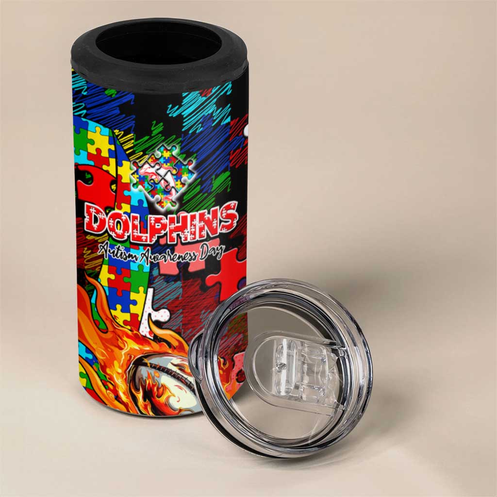 Dolphins Autism Awareness 4 in 1 Can Cooler Tumbler Puzzle Flames Rugby Ball