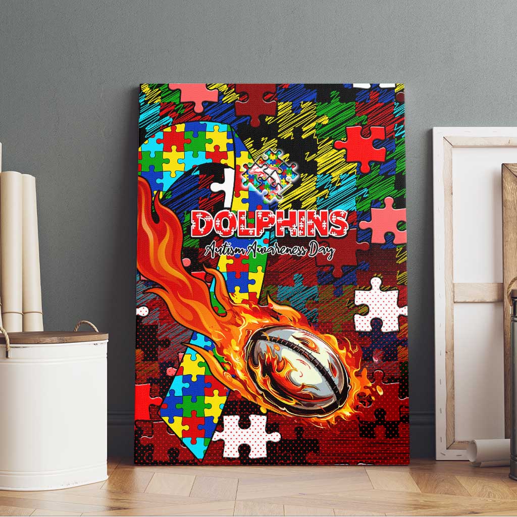 Dolphins Autism Awareness Canvas Wall Art Puzzle Flames Rugby Ball