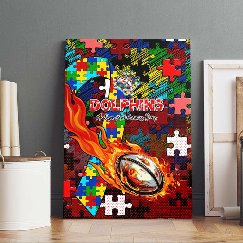 Dolphins Autism Awareness Canvas Wall Art Puzzle Flames Rugby Ball