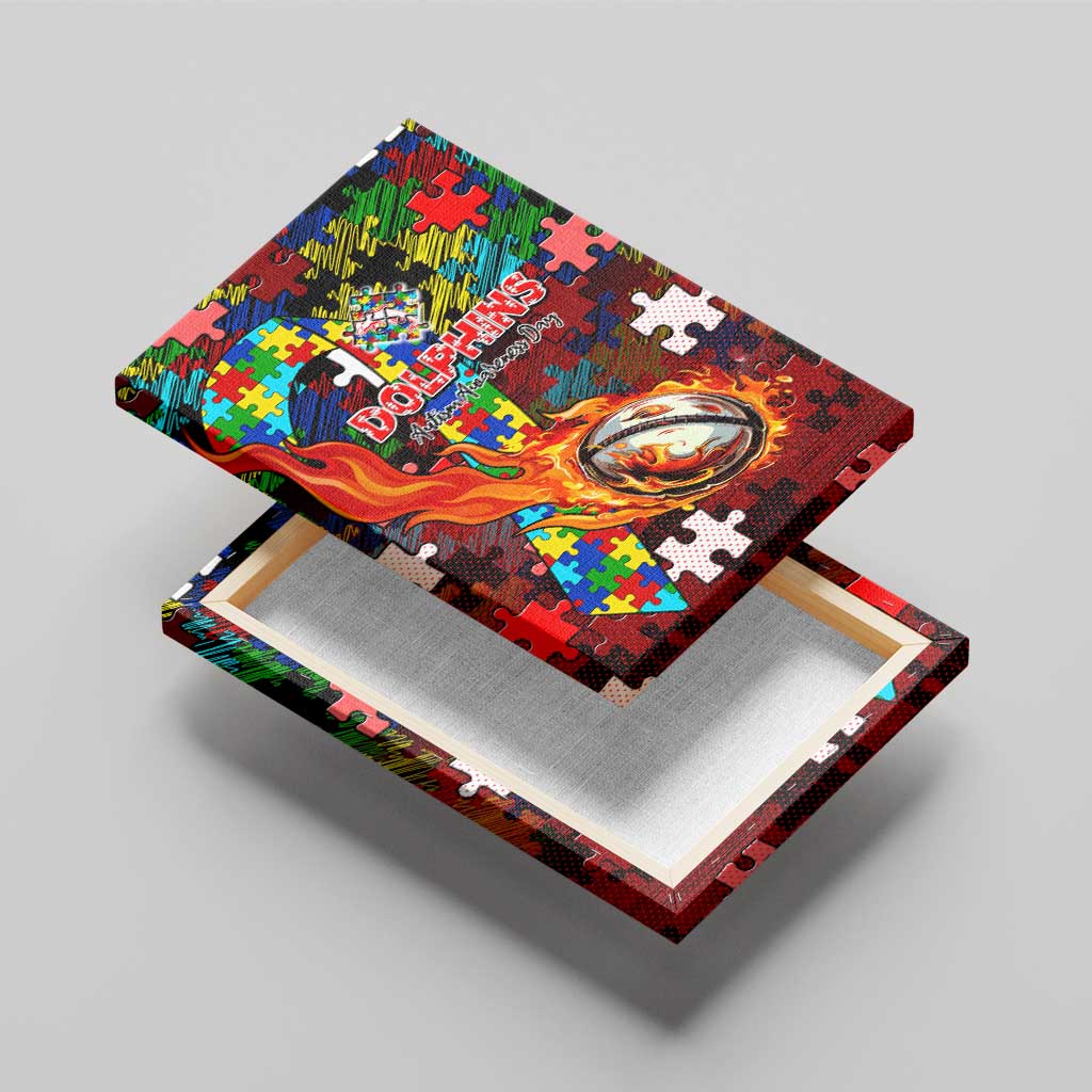 Dolphins Autism Awareness Canvas Wall Art Puzzle Flames Rugby Ball