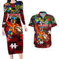 Dolphins Autism Awareness Couples Matching Long Sleeve Bodycon Dress and Hawaiian Shirt Puzzle Flames Rugby Ball
