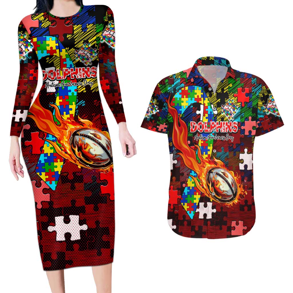 Dolphins Autism Awareness Couples Matching Long Sleeve Bodycon Dress and Hawaiian Shirt Puzzle Flames Rugby Ball