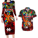 Dolphins Autism Awareness Couples Matching Long Sleeve Bodycon Dress and Hawaiian Shirt Puzzle Flames Rugby Ball