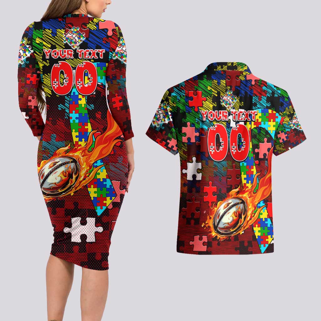 Dolphins Autism Awareness Couples Matching Long Sleeve Bodycon Dress and Hawaiian Shirt Puzzle Flames Rugby Ball
