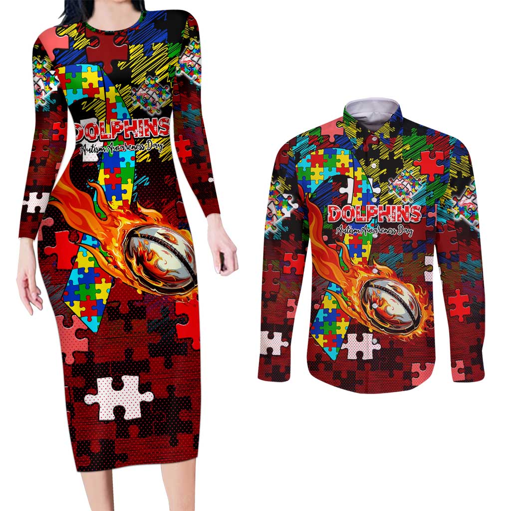 Dolphins Autism Awareness Couples Matching Long Sleeve Bodycon Dress and Long Sleeve Button Shirt Puzzle Flames Rugby Ball
