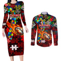 Dolphins Autism Awareness Couples Matching Long Sleeve Bodycon Dress and Long Sleeve Button Shirt Puzzle Flames Rugby Ball