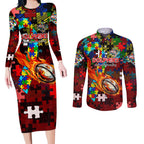 Dolphins Autism Awareness Couples Matching Long Sleeve Bodycon Dress and Long Sleeve Button Shirt Puzzle Flames Rugby Ball