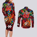 Dolphins Autism Awareness Couples Matching Long Sleeve Bodycon Dress and Long Sleeve Button Shirt Puzzle Flames Rugby Ball