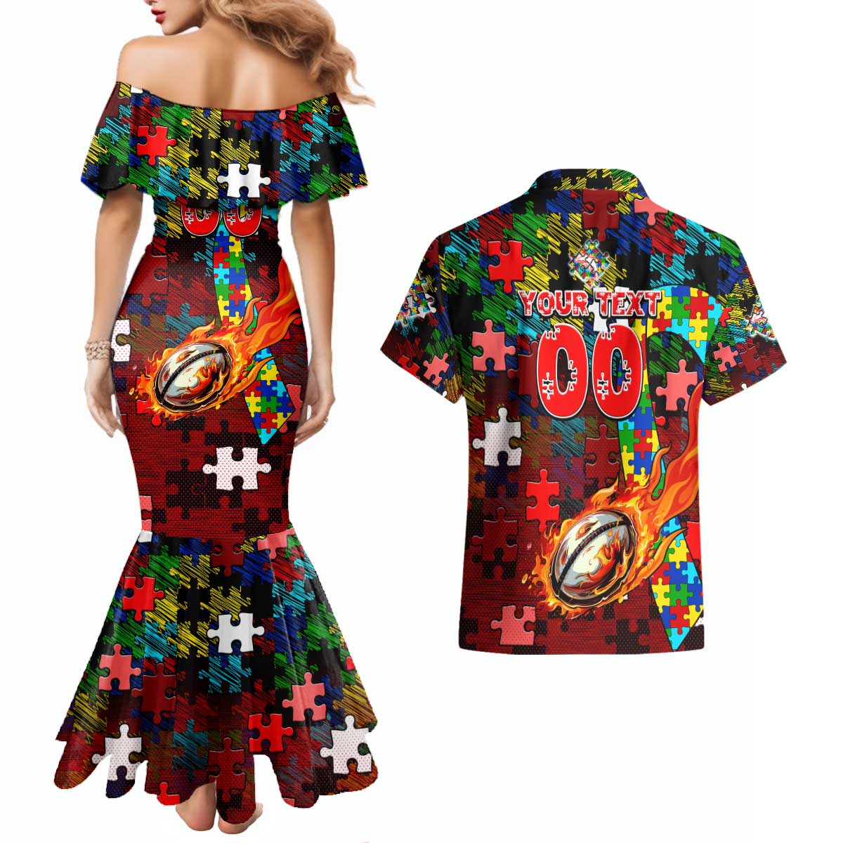 Dolphins Autism Awareness Couples Matching Mermaid Dress and Hawaiian Shirt Puzzle Flames Rugby Ball