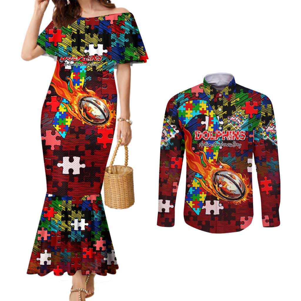 Dolphins Autism Awareness Couples Matching Mermaid Dress and Long Sleeve Button Shirt Puzzle Flames Rugby Ball