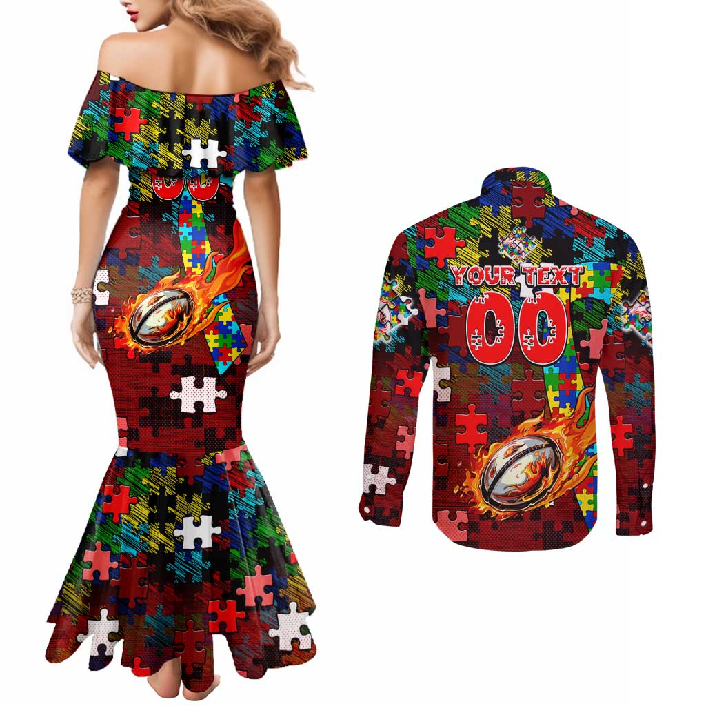 Dolphins Autism Awareness Couples Matching Mermaid Dress and Long Sleeve Button Shirt Puzzle Flames Rugby Ball