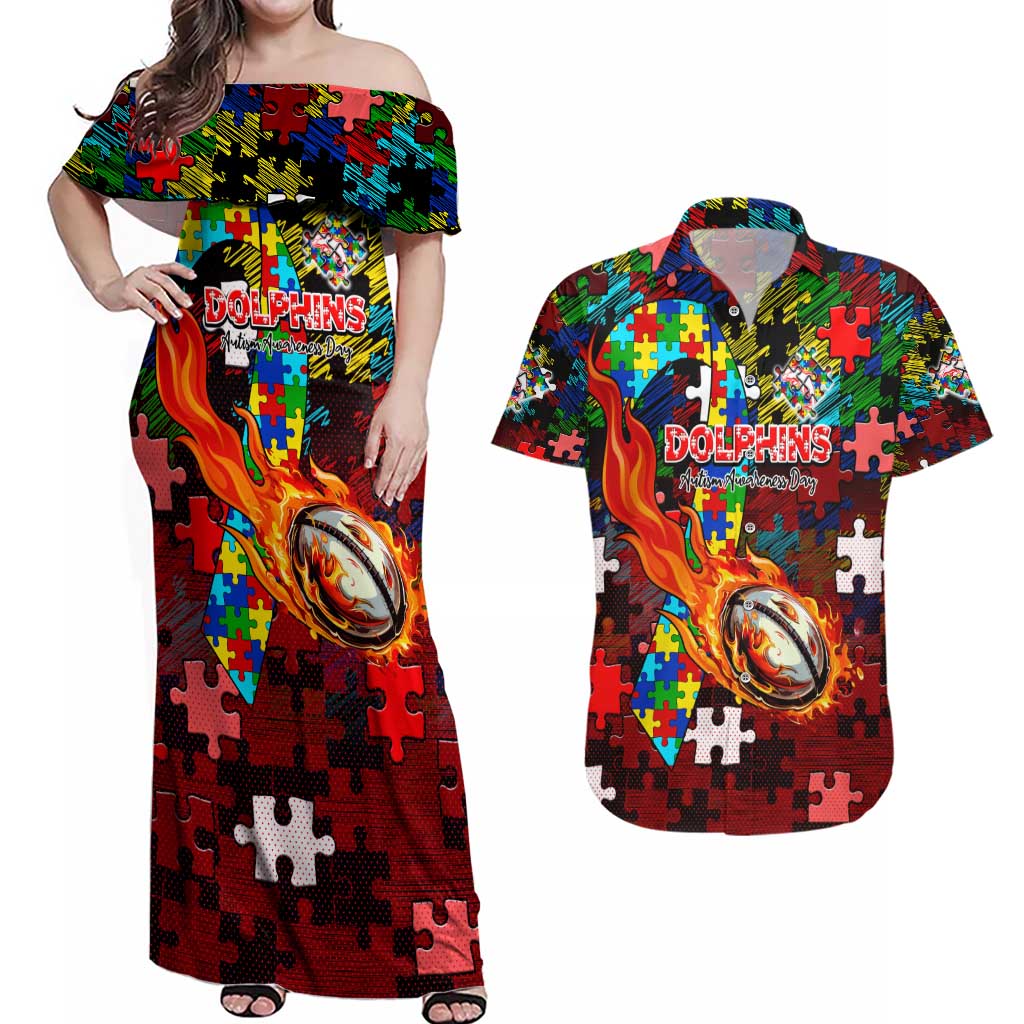 Dolphins Autism Awareness Couples Matching Off Shoulder Maxi Dress and Hawaiian Shirt Puzzle Flames Rugby Ball