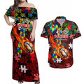 Dolphins Autism Awareness Couples Matching Off Shoulder Maxi Dress and Hawaiian Shirt Puzzle Flames Rugby Ball
