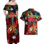 Dolphins Autism Awareness Couples Matching Off Shoulder Maxi Dress and Hawaiian Shirt Puzzle Flames Rugby Ball