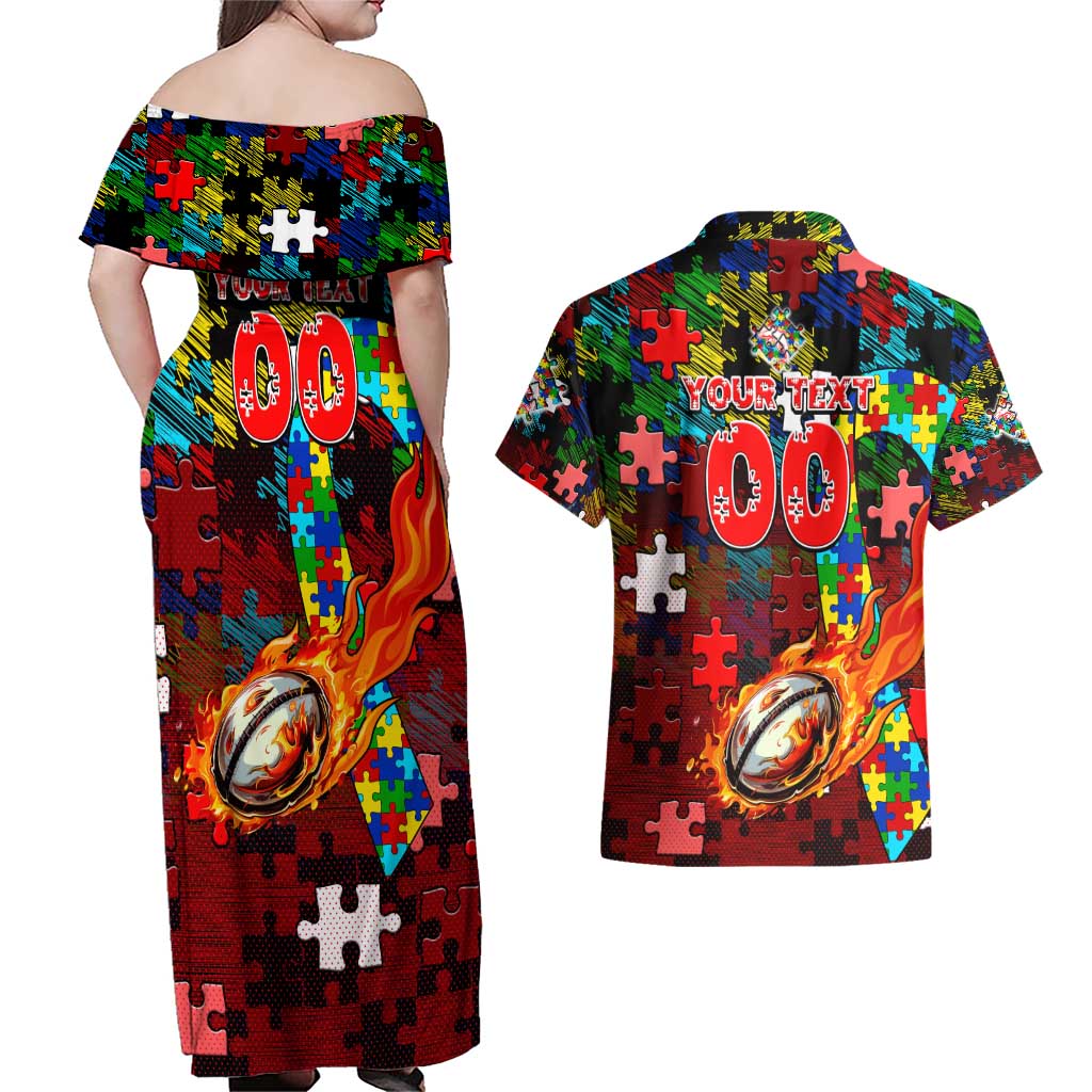Dolphins Autism Awareness Couples Matching Off Shoulder Maxi Dress and Hawaiian Shirt Puzzle Flames Rugby Ball
