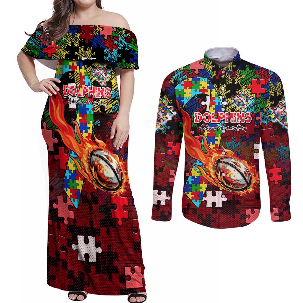 Dolphins Autism Awareness Couples Matching Off Shoulder Maxi Dress and Long Sleeve Button Shirt Puzzle Flames Rugby Ball
