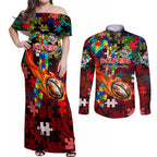 Dolphins Autism Awareness Couples Matching Off Shoulder Maxi Dress and Long Sleeve Button Shirt Puzzle Flames Rugby Ball