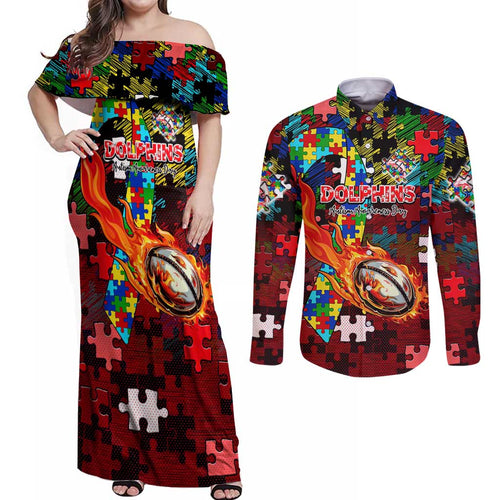 Dolphins Autism Awareness Couples Matching Off Shoulder Maxi Dress and Long Sleeve Button Shirt Puzzle Flames Rugby Ball
