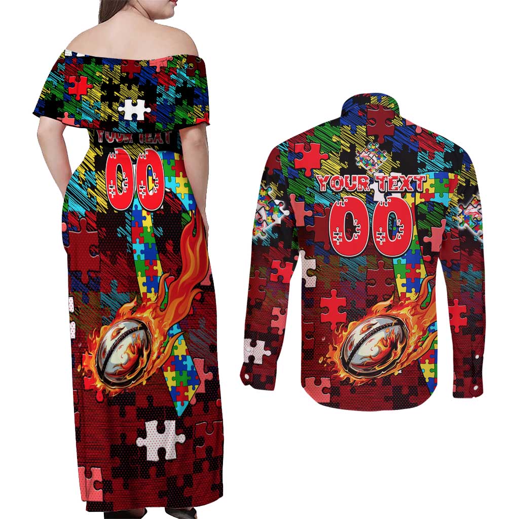 Dolphins Autism Awareness Couples Matching Off Shoulder Maxi Dress and Long Sleeve Button Shirt Puzzle Flames Rugby Ball